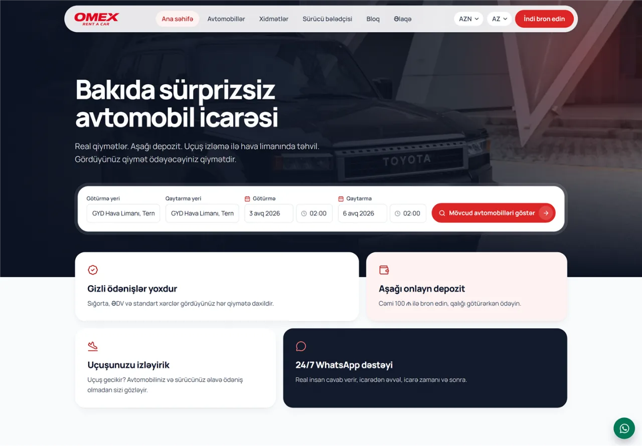 Omex Rent A Car saytının ana səhifəsi
